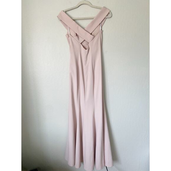 Dessy Off-The-Shoulder Criss Cross Back Trumpet Bridesmaid Gown in Blush Pink - Picture 6 of 9